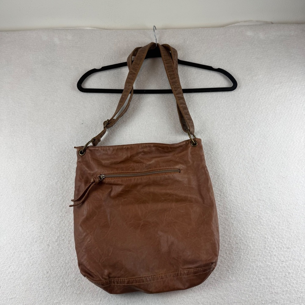 Stone & Co Brown Faux Leather Crossbody Bag Multi Zip Pocket Adjustable Strap